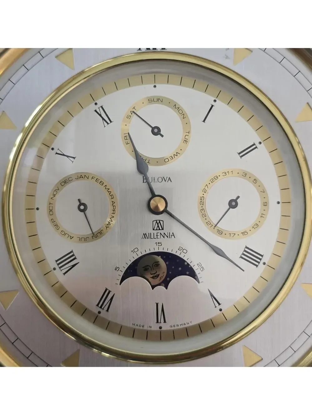 Vintage Bulova Millennia Table Clock German Brass Moon Phase Multi-Funct WORKS!